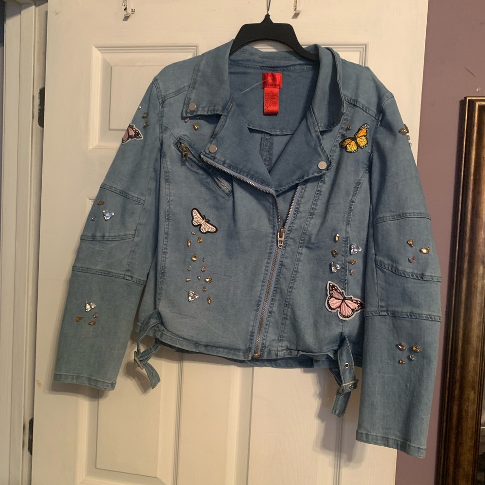 Christina Light Blue Denim Jacket with Butterfly Embellishments
